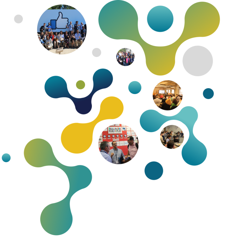 Graphic and colorful elements bubble-like with pictures from past editions of the GSI Program